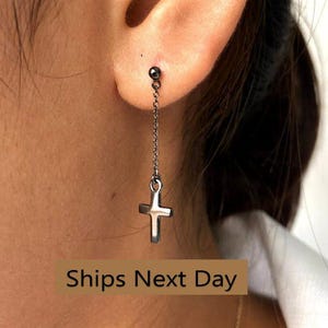 Black Coating Dangle Drop Cross Earrings / Cross Chain Earrings in Sterling Silver / Cross Symbol Long Chain Earrings Gift for Her