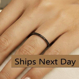 Black Coating Micro Pave Band, Black CZ Half Eternity Band, Stacking Wedding Band Gift for Her, Dainty Stackable Band