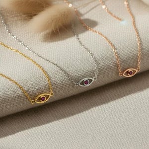 Collar minimalista de rubí con ojo malvado, collar de buena suerte, regalo de piedras natales de julio, collar de protección, collar espiritual, regalo para ella