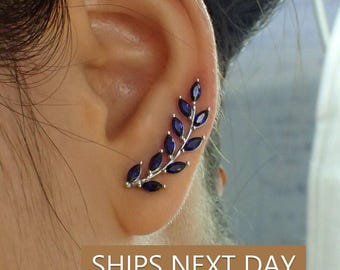 Blue Sapphire Earring Climber / Marquise Ear Crawlers Earrings / Ear Climber Earrings / Bridesmaid Gift / Mother&#39;s Day Gift
