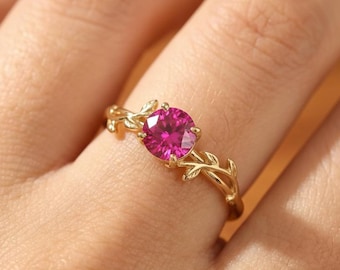 0.8ct Pink Tourmaline Ring, October Birthstone Ring, Vintage Nature Inspired Vine Ring, Dainty Stackable Gift for Her