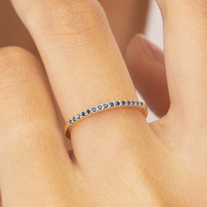 Micro Pave Blue Sapphire Wedding Band, Sterling Silver Dainty Stackable Band, September Birthstones, Stacking Ring