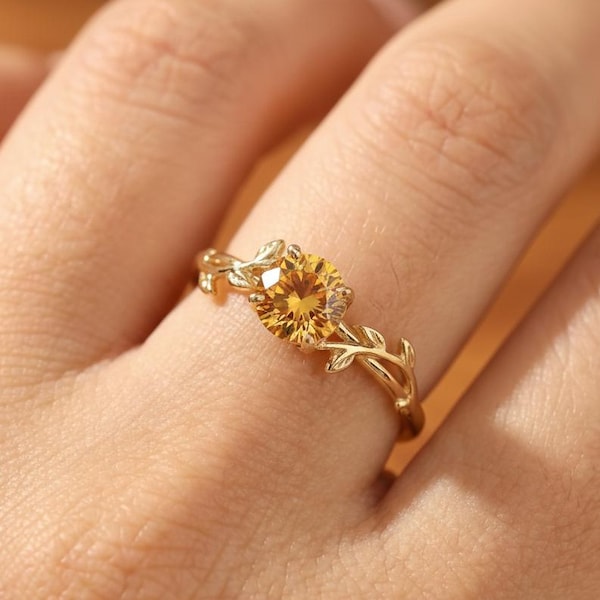 Pierścionek z cytrynem 0,8 ct, zabytkowy okrągły pierścionek z cytrynem, inspirowany naturą pierścień do układania w kształt winorośli, pierścionek z kamieniem urodzinowym na listopad