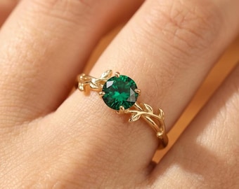 0.8ct Round Emerald Ring, May Birthstone Promise Ring, Nature Inspired Vine Ring, Vintage Stackable Gemstone Ring for Her