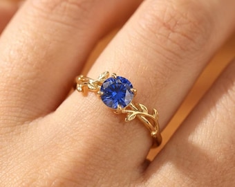 0.8ct Blue Sapphire Ring, September Birthstone Ring, Vintage Nature Inspired Vine Ring, Dainty Stackable Gift for Her