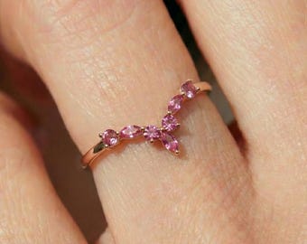 Pink Tourmaline V Stacking Ring, Dainty Curved Wedding Band, Marquise Gemstone Anniversary Promise Ring, Delicate Bridal Jewelry
