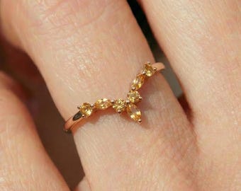 Citrine Curved Wedding Band, Marquise & Round Citrine Stacking Ring, Dainty Chevron Anniversary Ring, Unique Promise Ring for Her