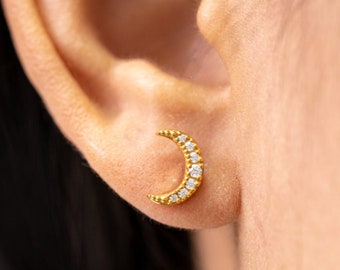 Moon Earrings / Moon Stud Earrings / Diamonds Moon Earrings Gift for Her / Diamond Earrings / In Stock