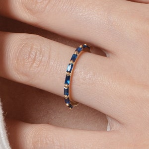 Baguette Blue Sapphire Wedding Ring, September Birthstone Ring, Half Eternity Baguette Sapphire Ring, Vintage Promise Ring Gift for Her