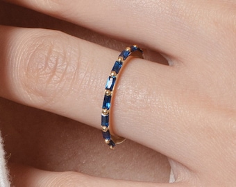 Baguette Blue Sapphire Wedding Ring, September Birthstone Ring, Half Eternity Baguette Sapphire Ring, Vintage Promise Ring Gift for Her