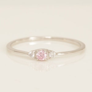 Minimalist Three Stone Pink Sapphire Ring, September Birthstone Ring, Vintage  Pink Sapphire Ring, Diamond Engagement Ring