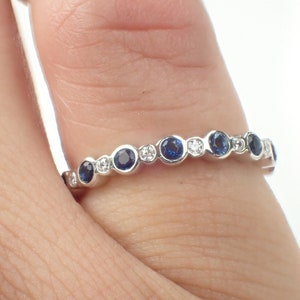Blue Sapphires and Diamonds Wedding Band, Solid Gold Full Eternity Band, Bezel Set Stackable Band, Delicate Platinum Band