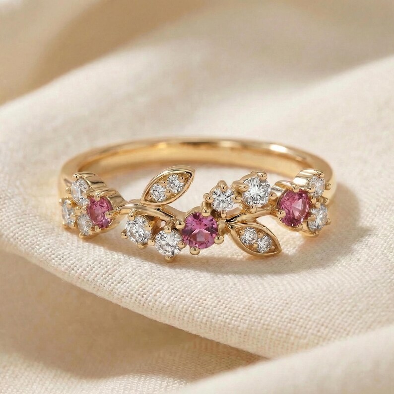 Round Pink Tourmaline Leaf Wedding Band, Nature Inspired Floral Cluster Ring for Her – October Birthstone Gift – 14K Gold Moissanite Jewelry image 3