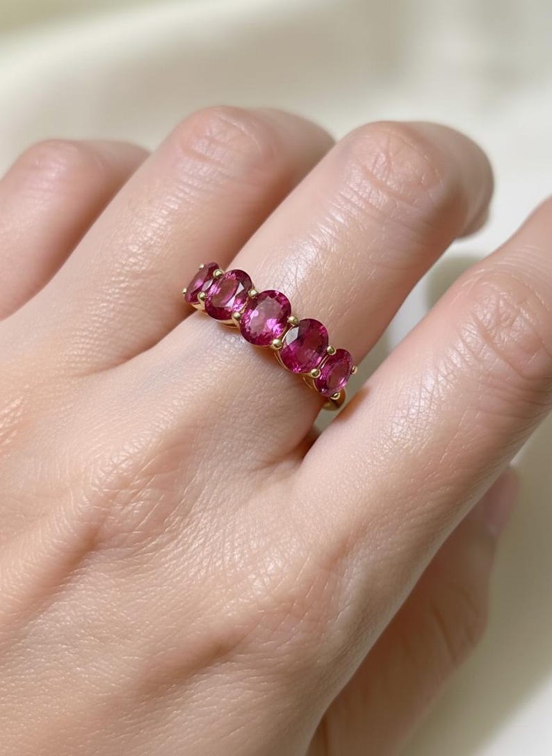 Pink Tourmaline Wedding Band 3.50ctw Round Cut 7 Stone Anniversary Ring Pink Gemstone Eternity Band October Birthstone image 17