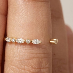 Moissanite Open Gap Wedding Band, Marquise and Round Half Eternity Stackable Matching Ring, Minimalist 14K Gold Band for Women image 16