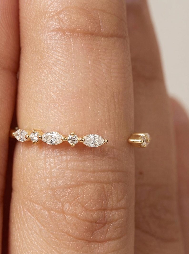 Moissanite Open Gap Wedding Band, Marquise and Round Half Eternity Stackable Matching Ring, Minimalist 14K Gold Band for Women image 16