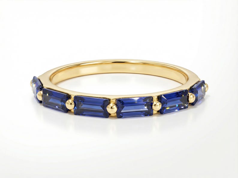 Baguette Blue Sapphire Wedding Ring, September Birthstone Ring, Half Eternity Sapphire Ring, Promise Ring, Vintage Wedding Band 925 Silver, Yellow