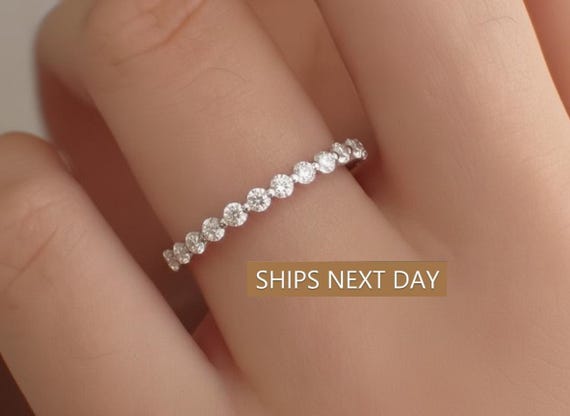 2.0mm Single Prong Diamond Wedding Band, Half Eternity Band Stackable Band, Bridesmaids Gift, Bubble Prong Wedding Ring