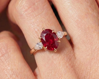 Vibrant Oval Ruby Engagement Ring with Pear Diamond Accents in 14K Gold | Three Stone Ruby Anniversary Ring | July Birthstone Gift
