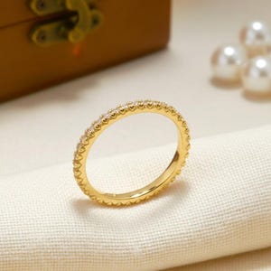 Fishtail Diamond Wedding Band / Full Eternity Band in 14k Solid Gold / Thin Dainty Stackable Band image 6