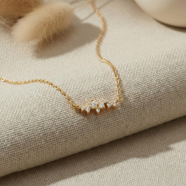 White Sapphire Cluster Necklace / Delicate Layering Necklace Gifts for Her / Dainty Necklace
