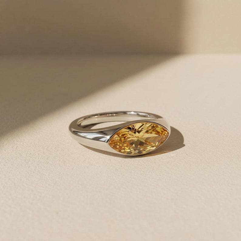 1.5ct Marquise Bezel Citrine Ring, 14K Solid Gold Signet Engagement Ring, Minimalist Pinky Promise Gift, November Birthstone Ring image 4