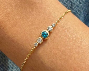 December Birthstone Natural Blue Zircon Bezel Bracelet in 14k Gold or Silver - Personalized Bridesmaid Gift B-044