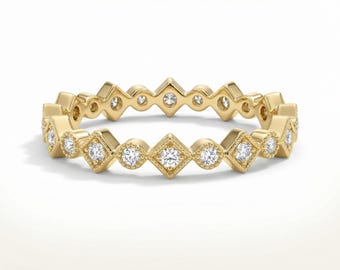 Art Deco Diamond Wedding Band, Solid Gold Full Eternity Band, Square Dot Platinum 950 Vintage Inspired Wedding Ring