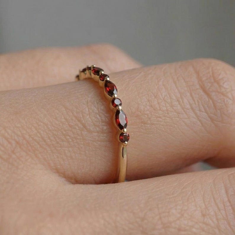 Dainty Garnet Eternity Ring | 14K Gold Stacking Band | January Birthstone Marquise & Round Red Gemstone Delicate Wedding Anniversary Gift image 19