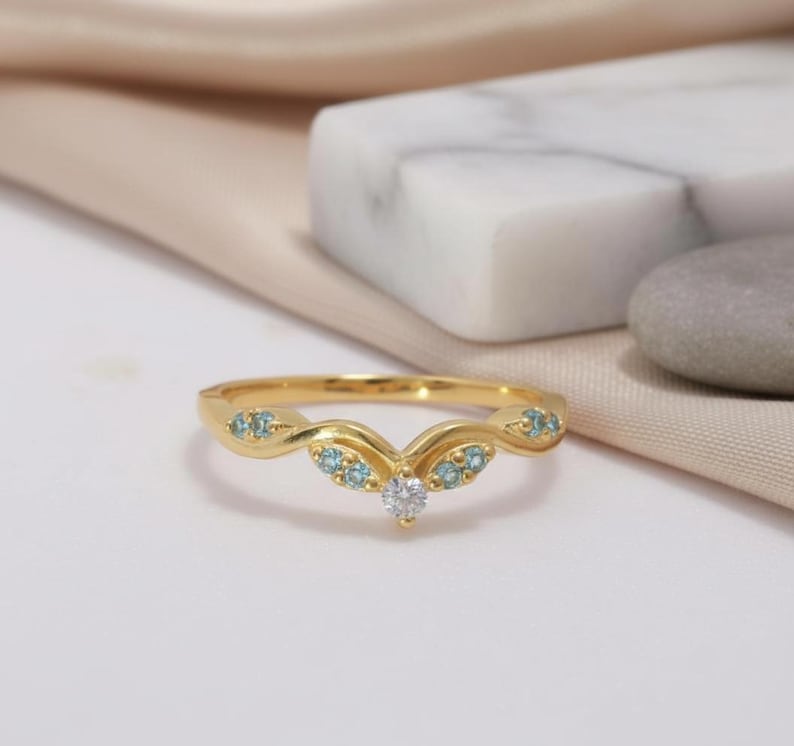 Aquamarine Wedding Band Curved V Shape Ring Light Blue Gemstone Stacking Ring Sterling Silver Vine Twist Chevron March Birthstone Jewelry image 2
