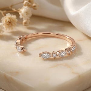 Moissanite Open Gap Wedding Band, Marquise and Round Half Eternity Stackable Matching Ring, Minimalist 14K Gold Band for Women image 6
