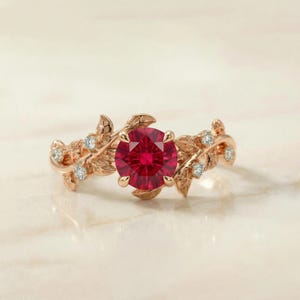 Round Ruby Nature Inspired Engagement Ring, 18K Gold Leaf Branch Ring, July Birthstone Ring, Romantic Bridal Promise Ring image 6