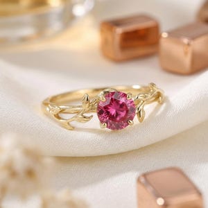 0.8ct Ruby Ring, Vintage Round Ruby Ring, Nature Inspired Vine Stacking Ring, July Birthstone Ring image 2