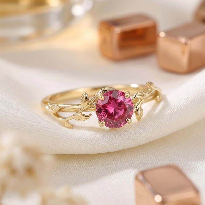0.8ct Ruby Ring, Vintage Round Ruby Ring, Nature Inspired Vine Stacking Ring, July Birthstone Ring image 2