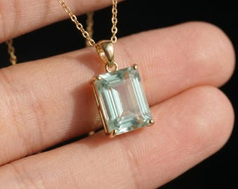 14K Gold Prasiolite Necklace | Emerald Cut Green Amethyst Pendant | Dainty Gold Gemstone Jewelry Gift for Her