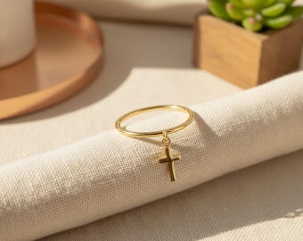 Minimalist Cross Ring, 14K Solid Gold Cross Stackable Ring, Thin Daily Ring, Dainty Christian Ring for Women, Religious Jewelry