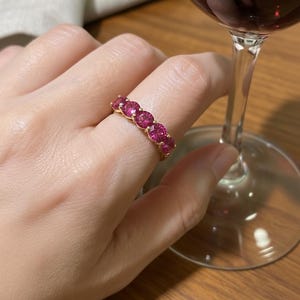 Pink Tourmaline Wedding Band 3.50ctw Round Cut 7 Stone Anniversary Ring Pink Gemstone Eternity Band October Birthstone image 8