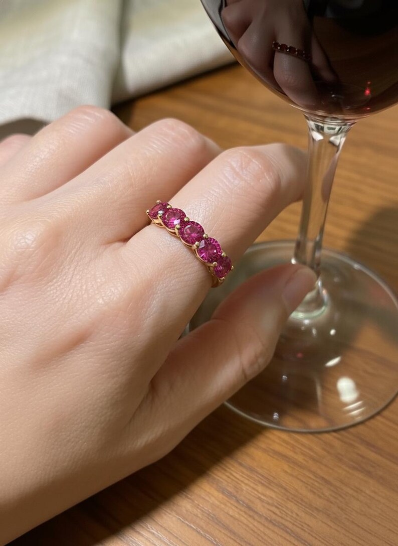 Pink Tourmaline Wedding Band 3.50ctw Round Cut 7 Stone Anniversary Ring Pink Gemstone Eternity Band October Birthstone image 8