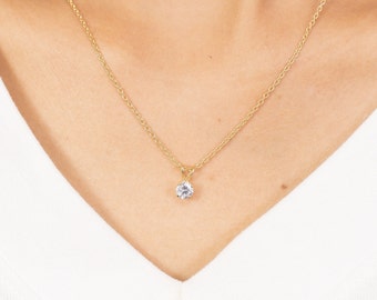 5mm Diamond Solitaire Necklace, Bezel Set Layered Necklace Gift for Her, Bridal Necklace