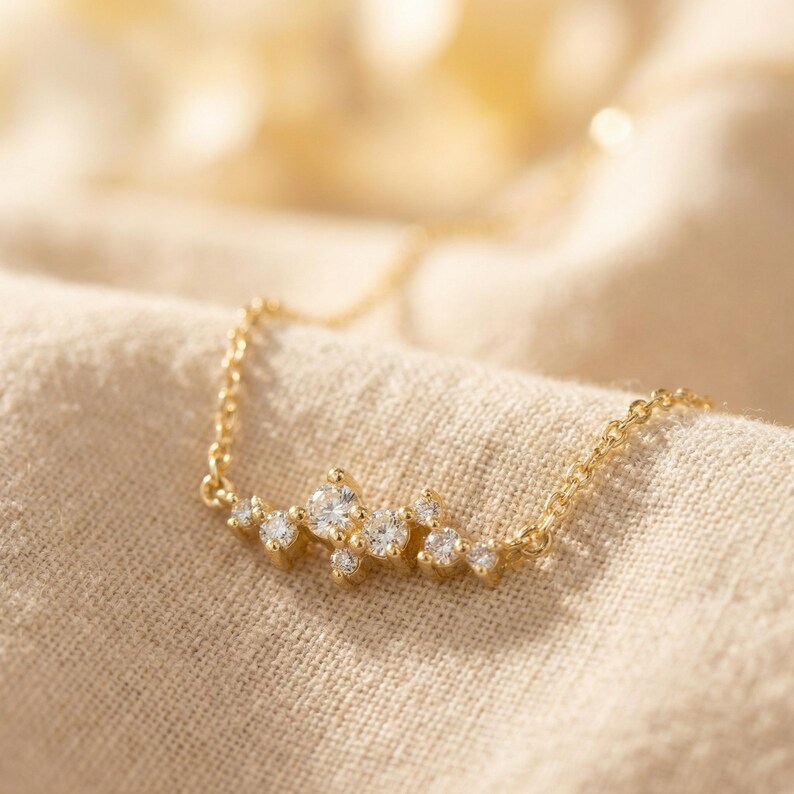 Cluster Sapphire Necklace Gift for Her, 14Solid Gold Cluster Necklace, Rope Chain Gold Necklace Gift for Her image 2