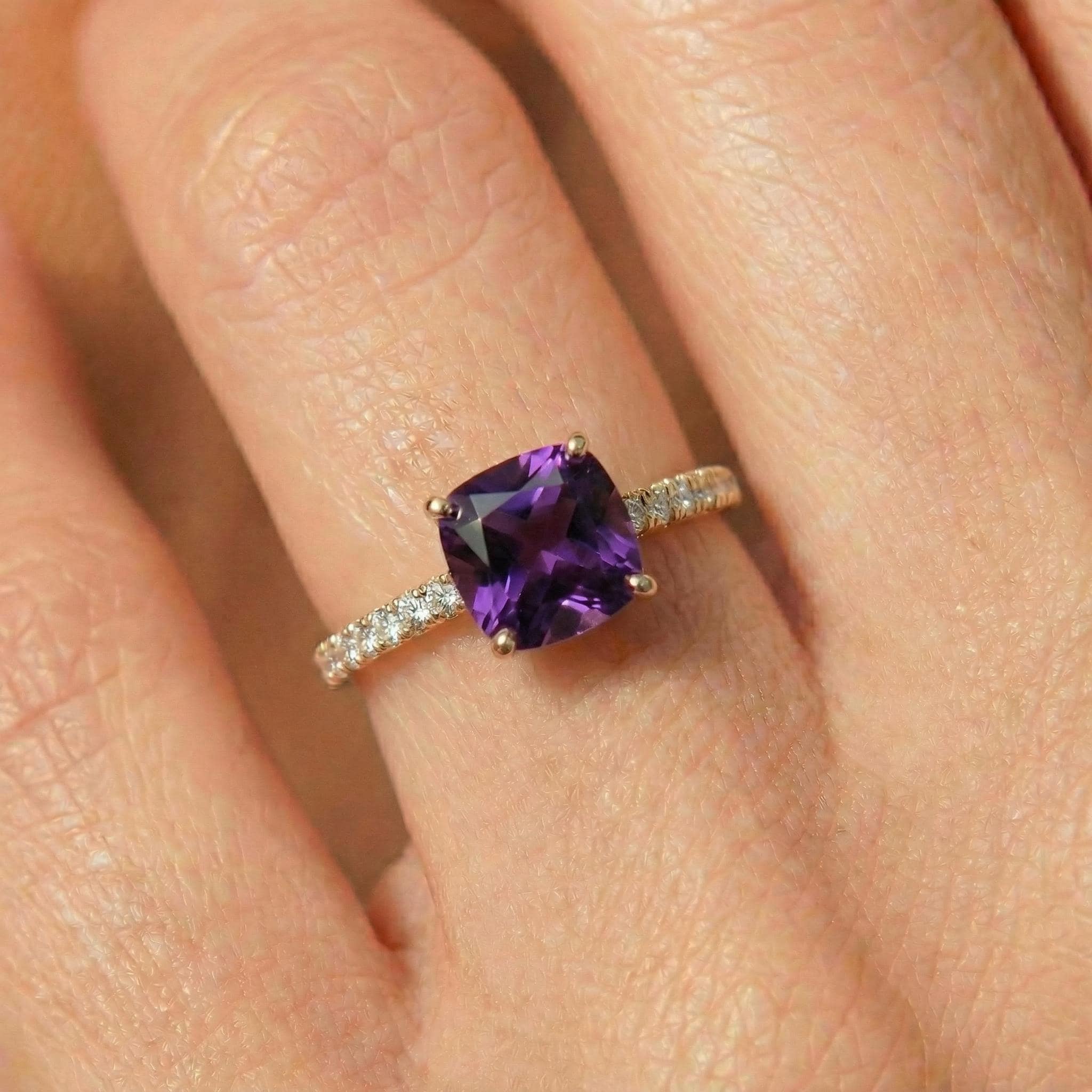 Cushion Cut Amethyst Engagement Ring in 14K Gold February Birthstone Promise Ring Anniversary Gift for Her