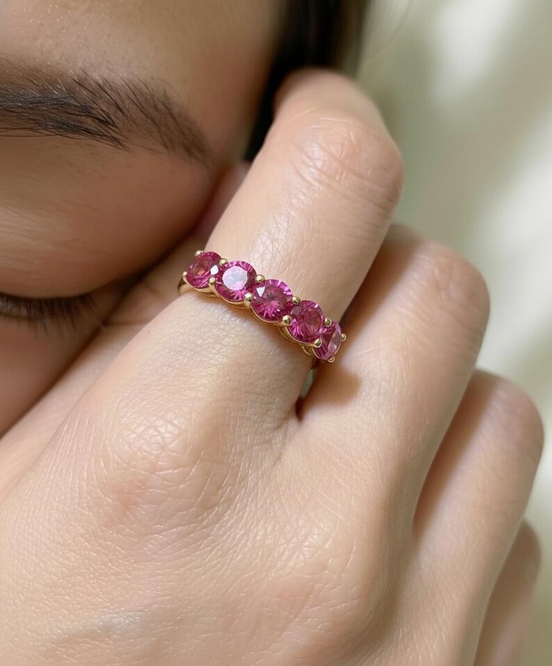 Pink Tourmaline Wedding Band 3.50ctw Round Cut 7 Stone Anniversary Ring Pink Gemstone Eternity Band October Birthstone image 15