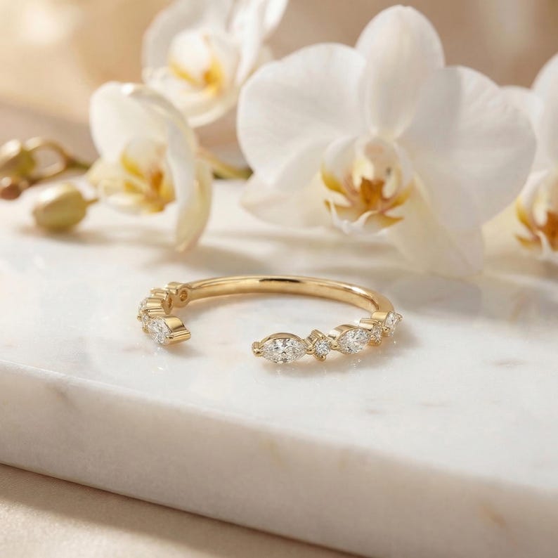 Moissanite Open Gap Wedding Band, Marquise and Round Half Eternity Stackable Matching Ring, Minimalist 14K Gold Band for Women image 8