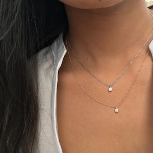 Solitaire Diamond Necklace / Solid Gold .03ct Delicate Diamond Necklace / Floating Diamond Necklace / Dainty Diamond Bezel Set Necklace