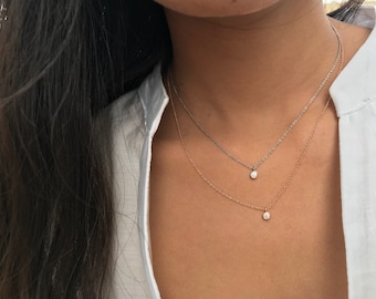 Solitaire Diamond Necklace / Solid Gold .03ct Delicate Diamond Necklace / Floating Diamond Necklace / Dainty Diamond Bezel Set Necklace