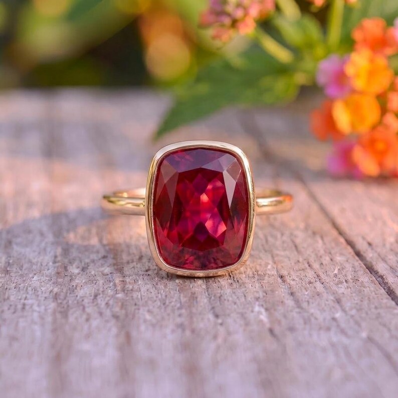 Bezel Set Ruby Ring, Cushion Cut Ruby Statement Ring, July Birthstone Ring, Birthday Gift for Her, Dainty Red Gemstone Ring image 2