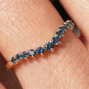 London Blue Topaz Curved Wedding Band | 14K Gold Stacking Ring | Dainty Gemstone Enhancer Anniversary Ring | Unique Wishbone Band image 9