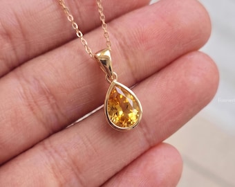 Dainty Pear Cut Citrine Necklace, 14K Gold Bezel Set Yellow Gemstone Pendant, Minimalist Everyday Jewelry, Gift for Her