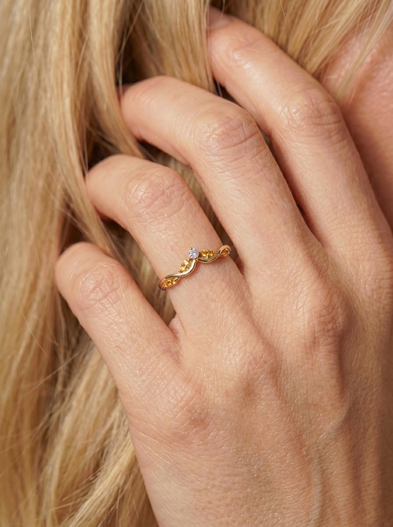 Citrine Curved Wedding Band V Shape Ring Golden Yellow Gemstone Chevron Stacking Ring November Birthstone Bridal Jewelry image 7