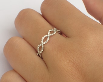 Diamond Infinity Ring, Infinity Wedding Band, Micro Pave Infinity Twist Ring, Solid Gold Full Eternity Band